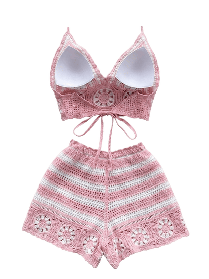 Women's 2-Piece Crochet Knit Beach Set – Halter Camisole & Shorts