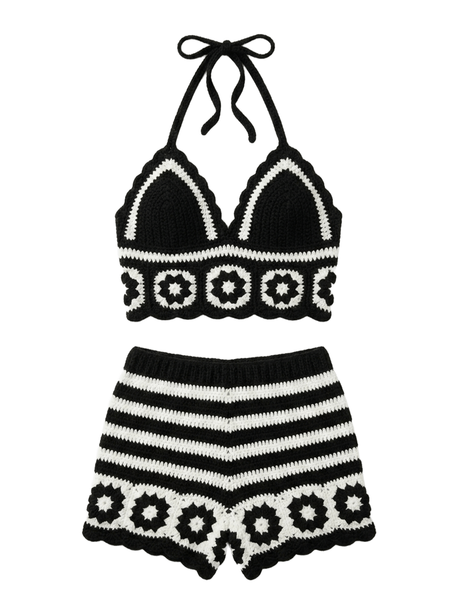 Women's 2-Piece Crochet Knit Beach Set – Halter Camisole & Shorts