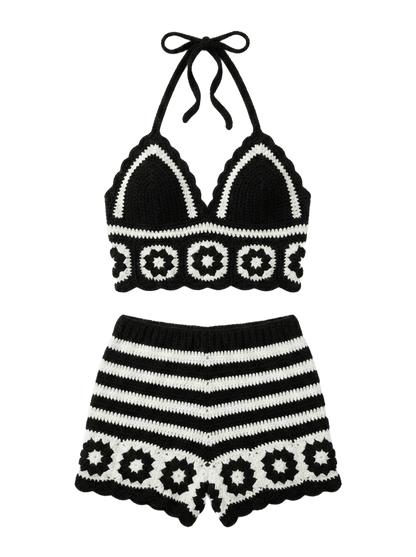Women's 2-Piece Crochet Knit Beach Set – Halter Camisole & Shorts
