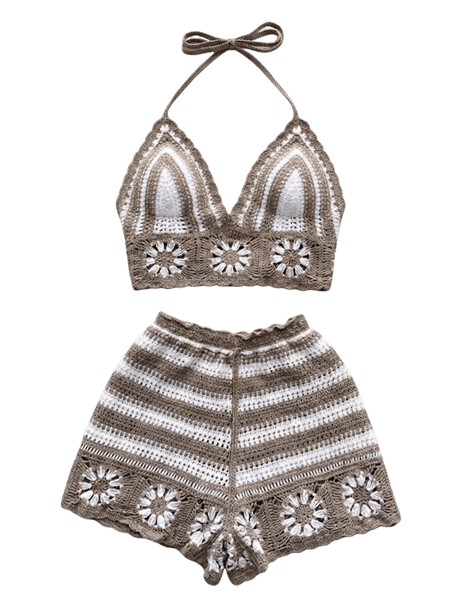 Women's 2-Piece Crochet Knit Beach Set – Halter Camisole & Shorts