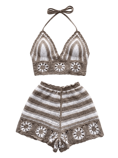 Women's 2-Piece Crochet Knit Beach Set – Halter Camisole & Shorts