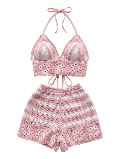 Women's 2-Piece Crochet Knit Beach Set – Halter Camisole & Shorts